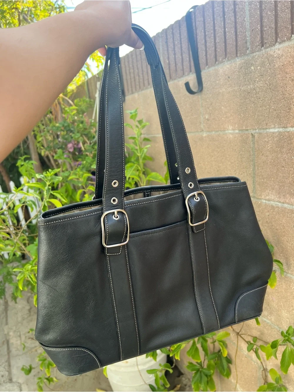 Coach Black Leather Shoulder Tote with Silver Buckles